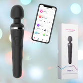 An image showcasing the Lovense Domi 2 Bluetooth App Controlled Wand Vibrator - a sleek black cordless device. A smartphone displays the app interface, emphasizing Bluetooth compatibility for effortless control. The product packaging is also depicted against a backdrop of bokeh lights.